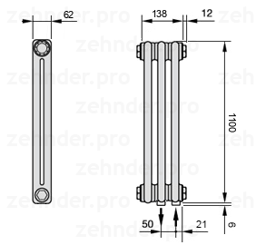 Схема (чертеж) Радиатор Zehnder Charleston 2110/3 №5510 Белый глянцевый RAL 9016